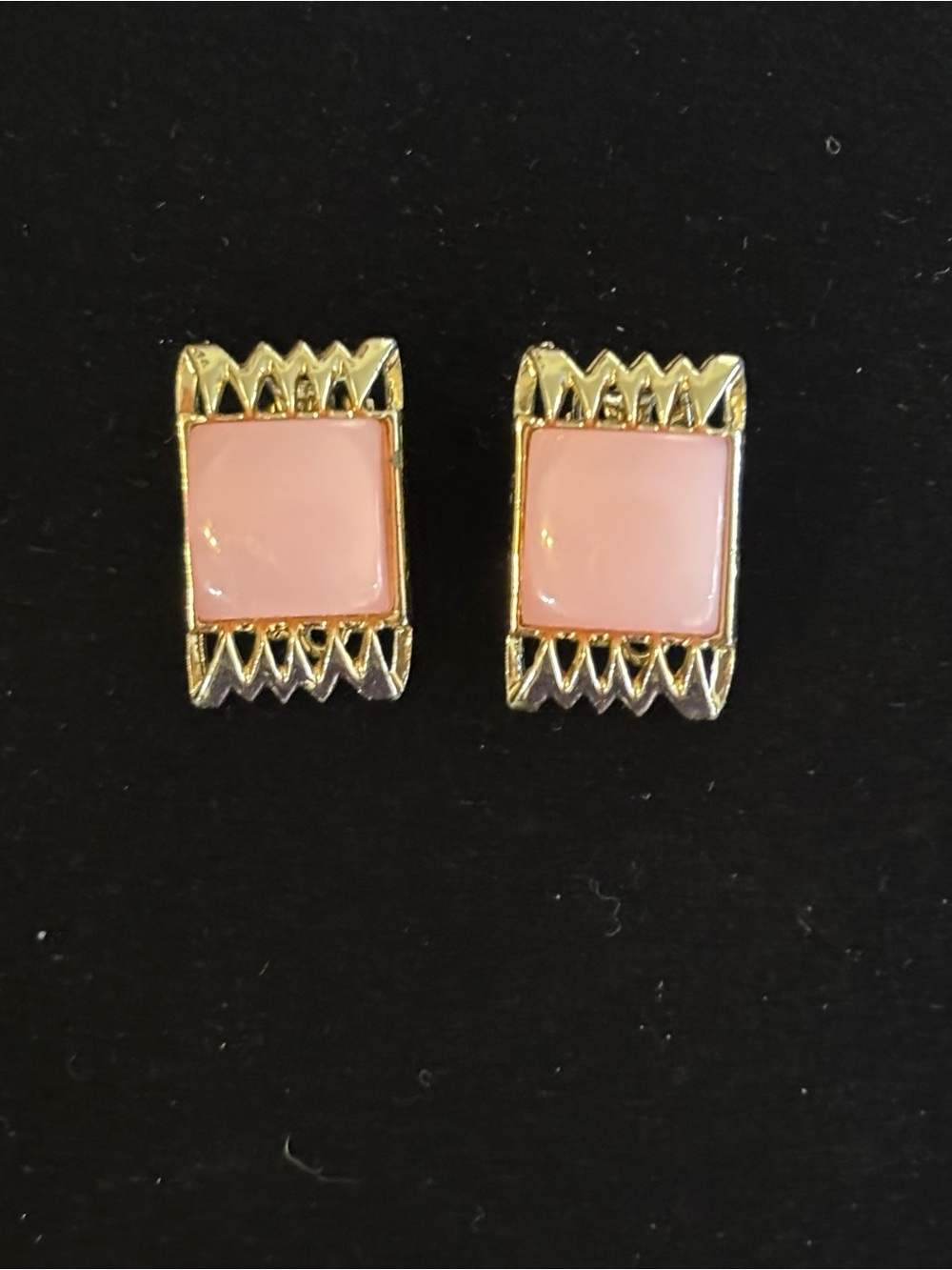 Vintage Gold-Tone Pink Square Clip-On Earrings Scalloped Edges